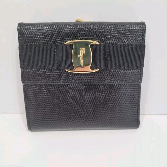 Salvatore Ferragamo Handbags - Salvatore Ferragamo Vala Wallet Compact Leather Croc Black Medium Buckle Retro